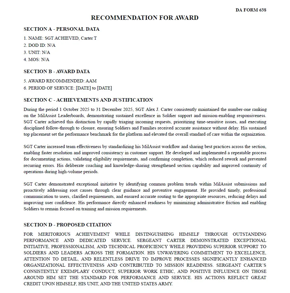 Award (DA 638) example